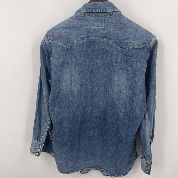 VTG Levi's Big E Sawtooth Short Horn Pearl Snap Button Denim Shirt Sanforized - Picture 9 of 16